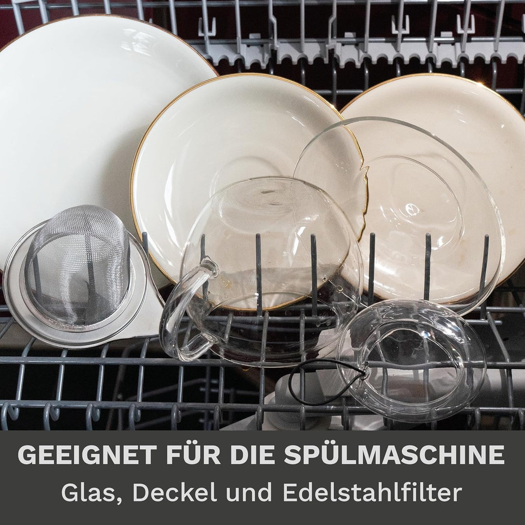 Creano Jumbo Tee-Tasse XXL mit Henkel und integriertem Edelstahlsieb, Glas-Deckel und Untertasse | 4