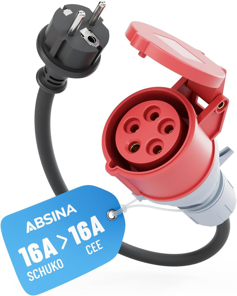 ABSINA Adapter Schuko Stecker auf CEE Kupplung - Schuko auf CEE 16A 5-polig mit 60 cm Kabellänge & I