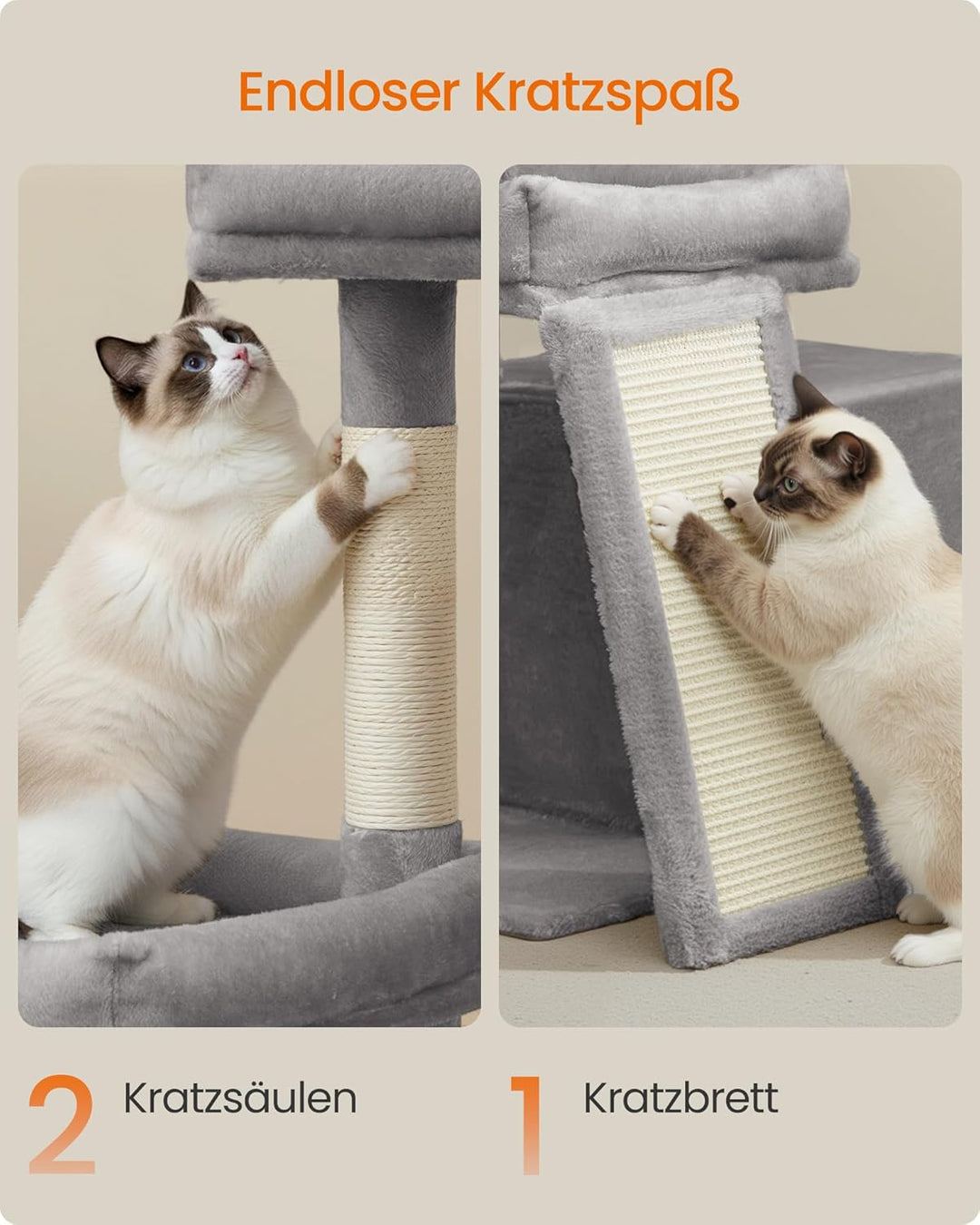 Feandrea Kratzbaum, Katzenbaum mit Kratzsäulen, Rampe, Katzenkratzbaum, 2 grosse Plattformen, Höhle