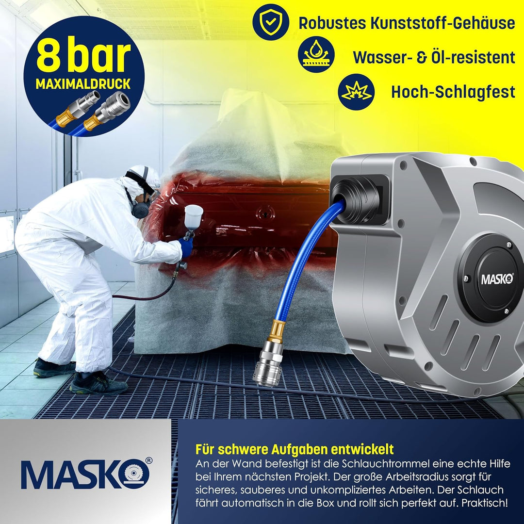 MASKO® 10m Druckluftschlauch Aufroller automatisch 1/4" Anschluss - Schlauchtrommel Wandschlauchhalt