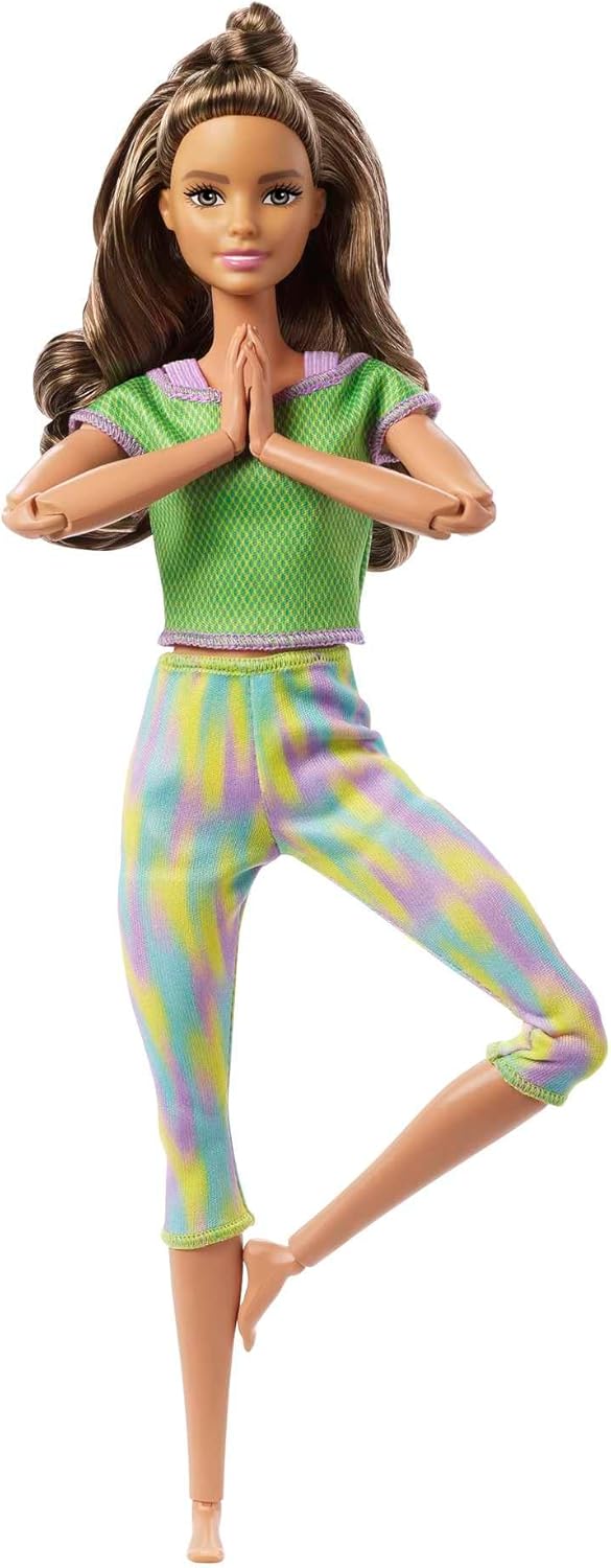 Barbie gxf05,mattel Made to Move Serie Wellness Puppen, Mehrfarbig Brünett im grünen Yoga Outfit, Br