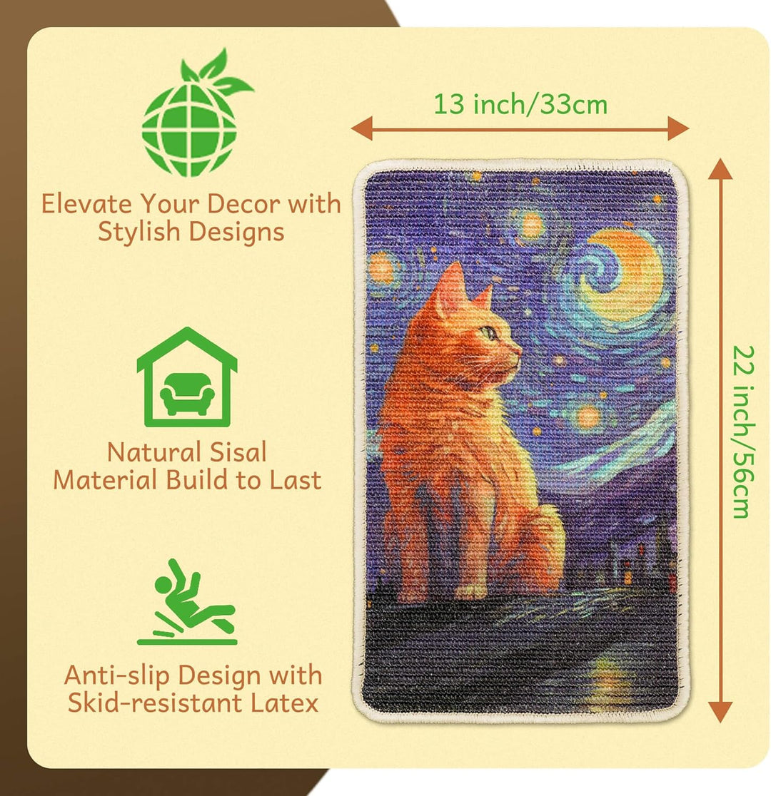 SOLDAY Sisal Kunst Kratzmatte Katze 56x33cm Wand & Couch Schutz, Starry Cat | Natürliche Sisalmatte