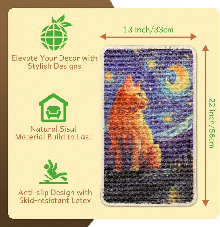 SOLDAY Sisal Kunst Kratzmatte Katze 56x33cm Wand & Couch Schutz, Starry Cat | Natürliche Sisalmatte