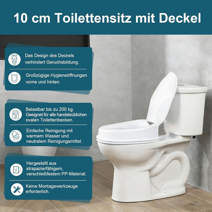 Toilettensitzerhöhung mit Deckel, 10cm Erhöhter Toilettensitz, Komfortabler Senioren Toilettenaufsat