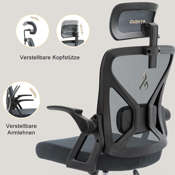 Symino Bürostuhl Ergonomisch, Schreibtischstuhl mit Verstellbarer Kopfstütze, Armlehnen, Lordosenstü