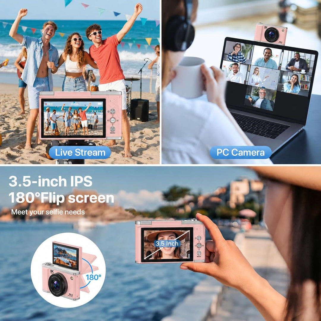 8K Digitalkamera 96 MP mit Autofokus und WLAN für Vlogging Rosa, Rosa
