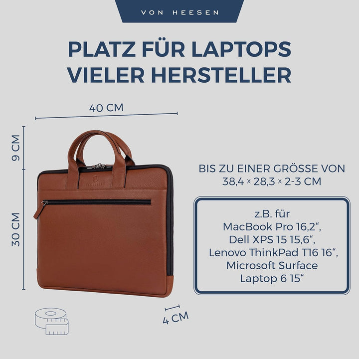 VON HEESEN Leder Aktentasche Laptoptasche bis 16 Zoll aus hochwertigem Nappa-Leder Cognac Braun, Cog