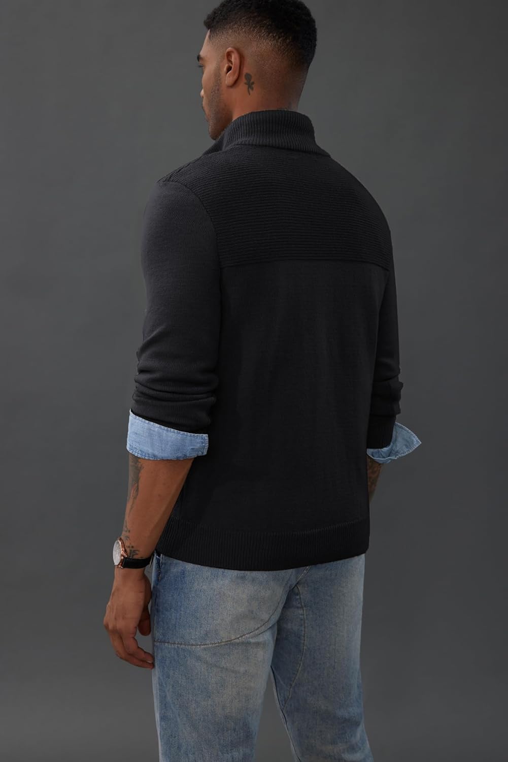 Strickpullover Herren Troyer Pullover mit Reissverschluss und Stehkragen Arbeitspullover, S Schwarz