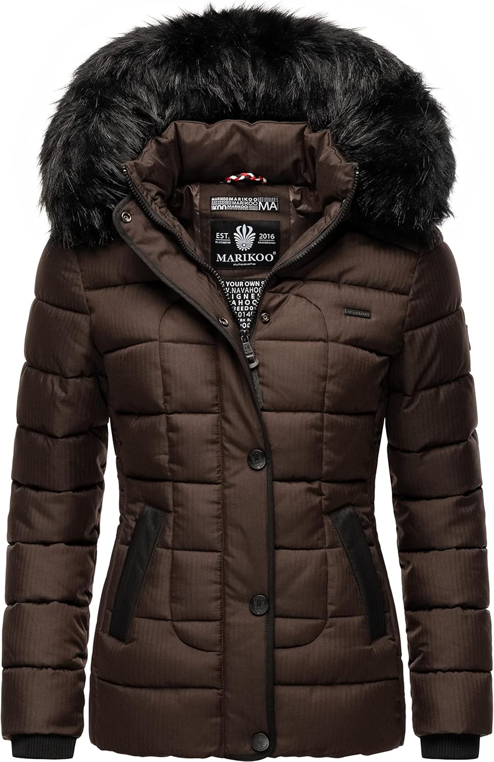 MARIKOO Damen warme Winter Steppjacke mit Kapuze Unique XS-XXL XS Dark Choco, XS Dark Choco