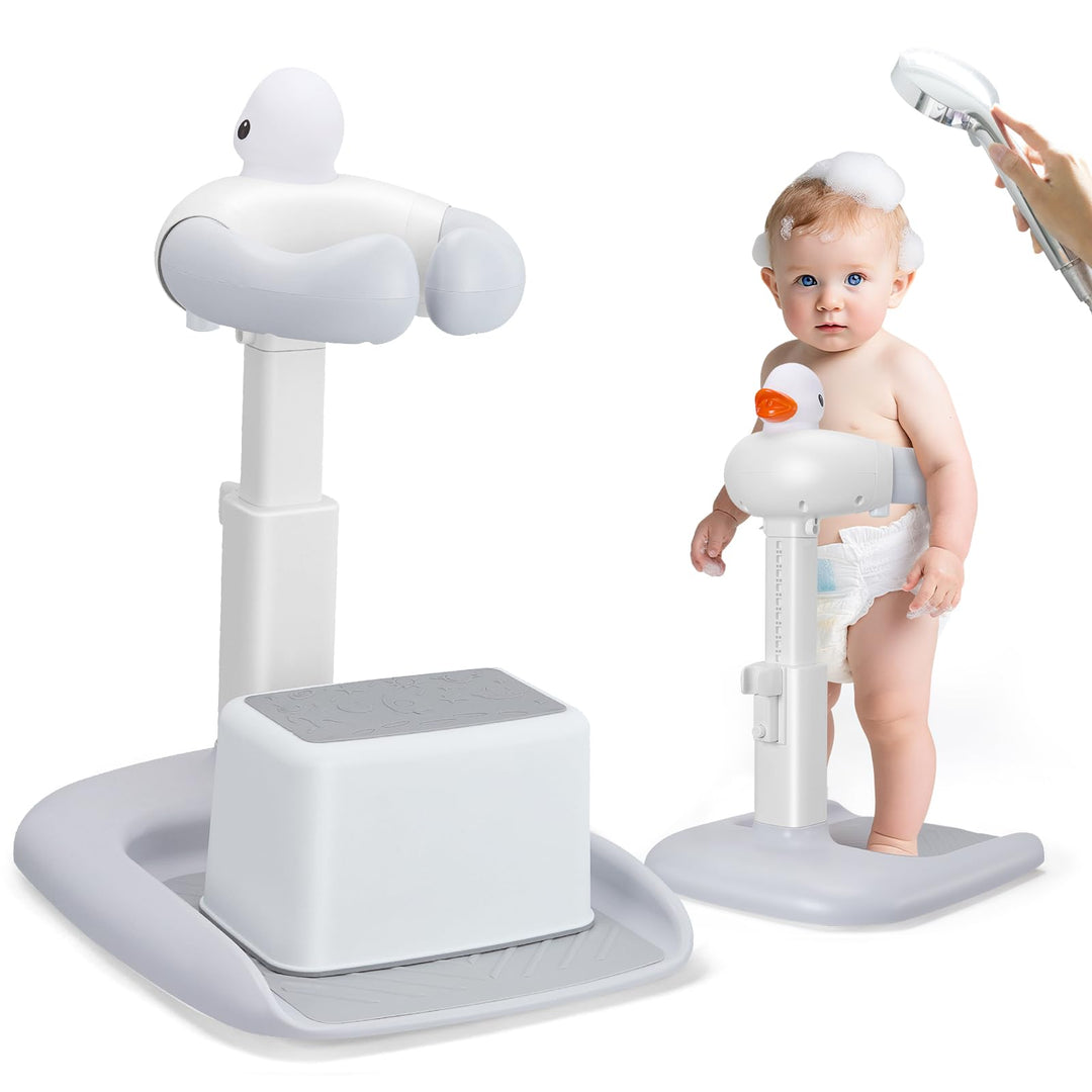 Baby Dusche Ständer, Einstellbarer Duschständer Kind mit Duschsitz &amp; Antirutsch-Basis, Baby Badewann