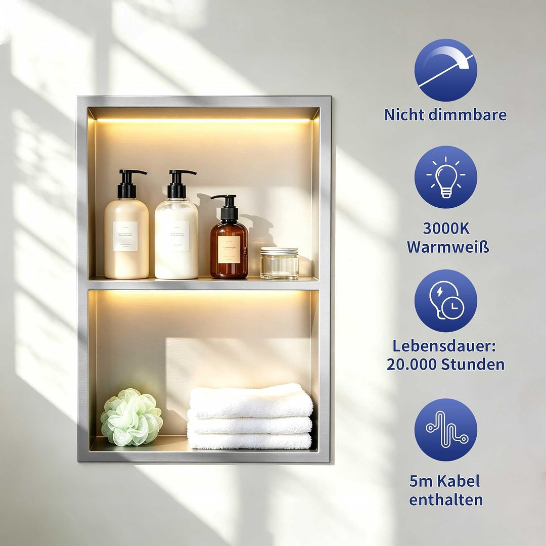 Wandnische Dusche Edelstahl mit LED, Unterputz Duschregal, Zweilagige Wandnische Bad Nische Duschnis