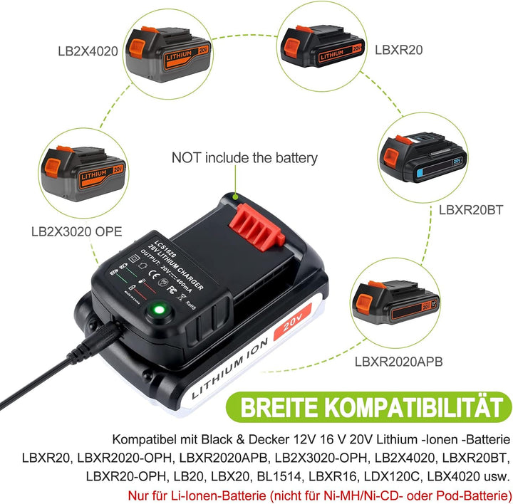 18V/20V Ersatz Ladegerät Kompatibel mit Black & Decker Li-ion Akku BL2018 LBXR20-OPE LBXR20 LB20 LBX