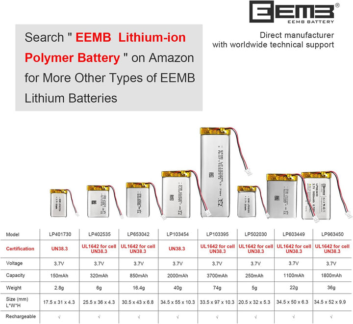 EEMB 3.7V Lipo Batterie Akku 3700mAh 103395 Lithium Polymer Batterien mit JST Stecker, Schutzplatine