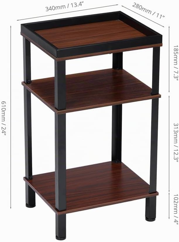 Beistelltisch Industrial Design, Nachttisch mit 3 Ebenen &amp; Hohem Rand, Kleiner Sofatisch Holzoptik D
