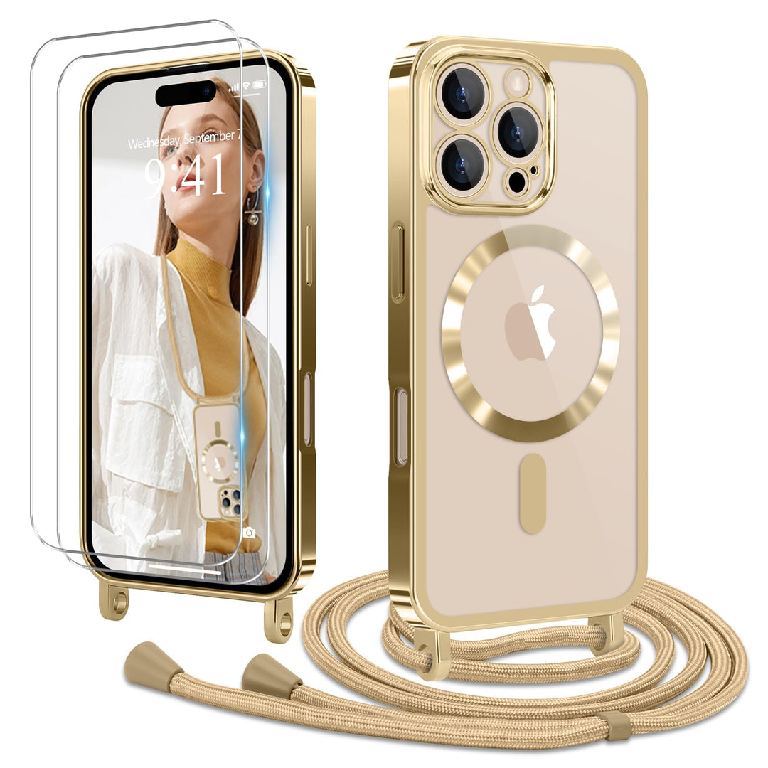 Handyband für iPhone 16 Pro Hülle mit Band + 2 Stück Glas Schutzfolie Transparent Silikon Handyhülle