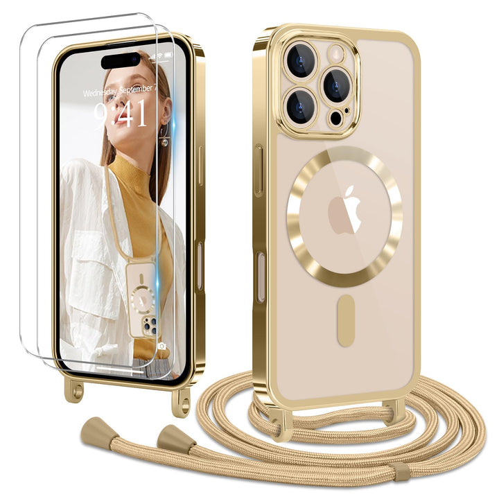 Handyband für iPhone 16 Pro Hülle mit Band + 2 Stück Glas Schutzfolie Transparent Silikon Handyhülle