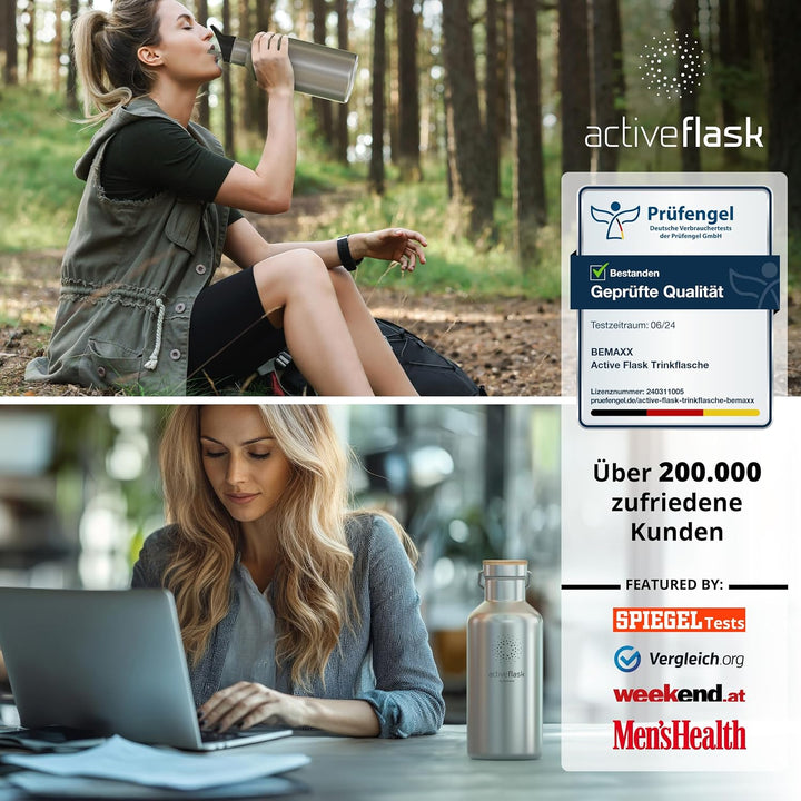 Trinkflasche Edelstahl ACTIVE FLASK + Strohhalm (3 Deckel) BPA-frei, Auslaufsicher, Kohlensäure geei