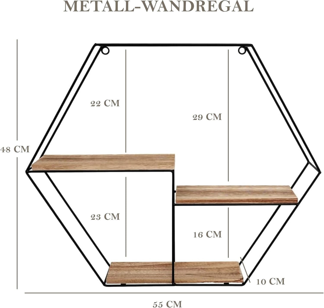 Vivol Metall Wandregal Schwarz mit 3 Holzböden - Sechseck - 48x55x10 cm - Hängend Metallregal - Wand
