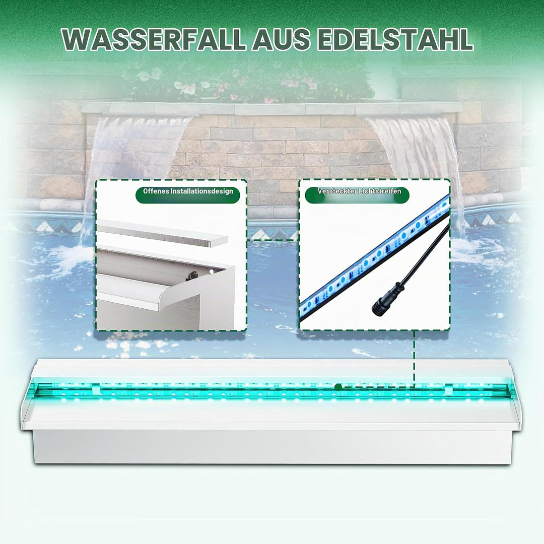 Longrun 60cm Teich Wasserfall Set, 304 Edelstahl Pool Wasserfall Brunnen mit RGB LED und Fernbedienu