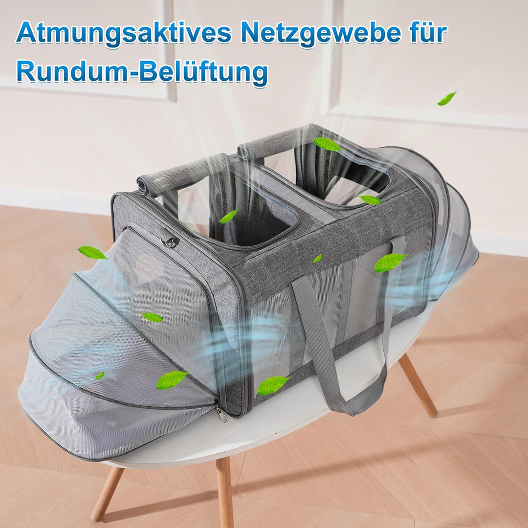 Grosser Katzentransportbox für 2 Katzen und Kleine Hunde bis 15KG mit Abnehmbarem Weichem Kissen（53