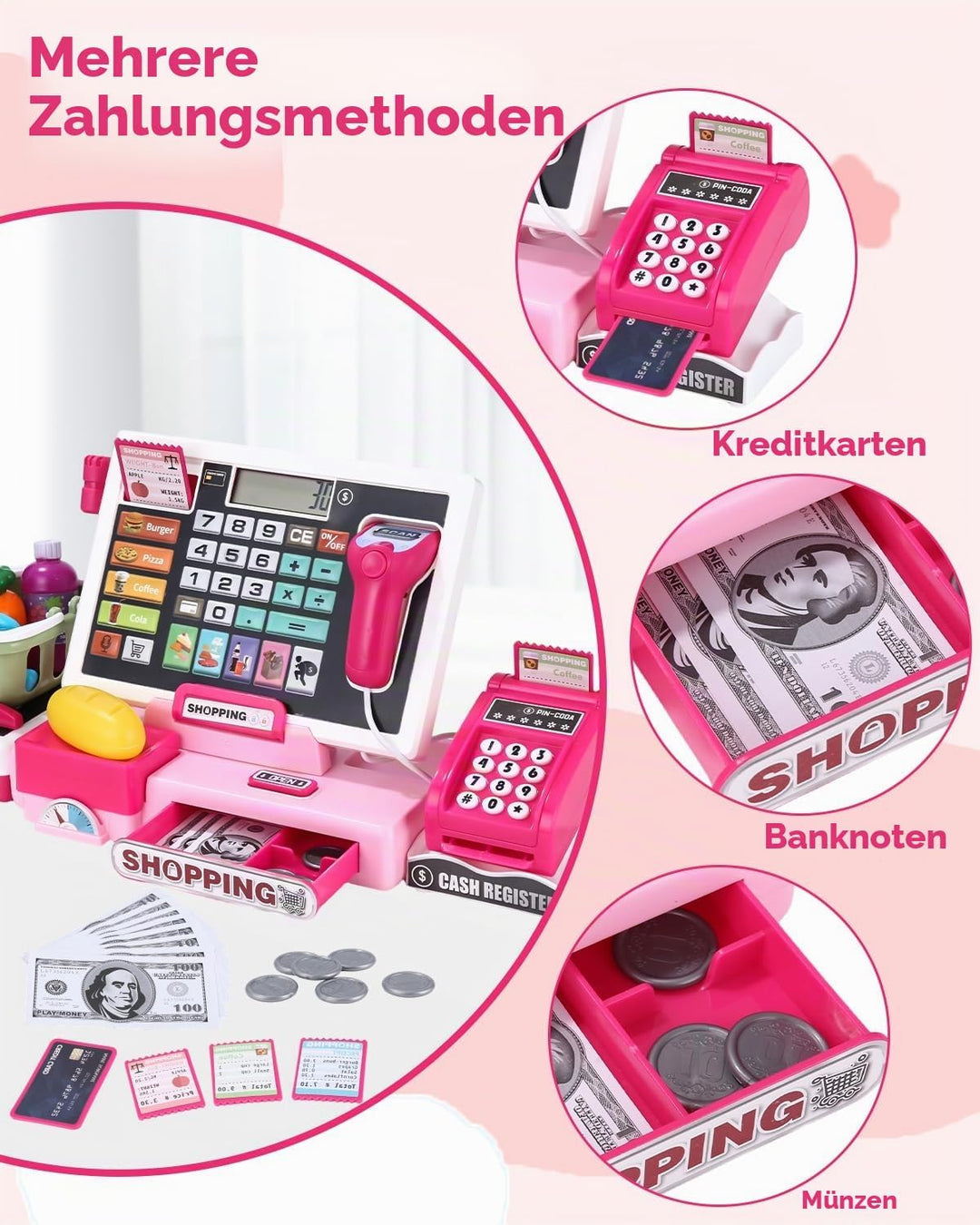 heuchaey Kinder Kasse Spielzeug, Kinderkasse Registrierkasse Set, Rosa | Elektronische Registrierkas