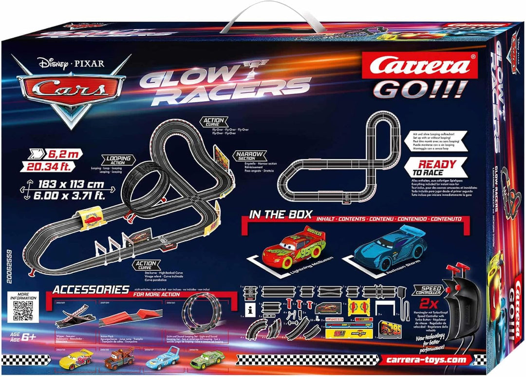 Carrera - 20062559 - Disney Cars Glow Racers I Klassische Rennbahn mit Disney-Farben I 24 Meter Stre