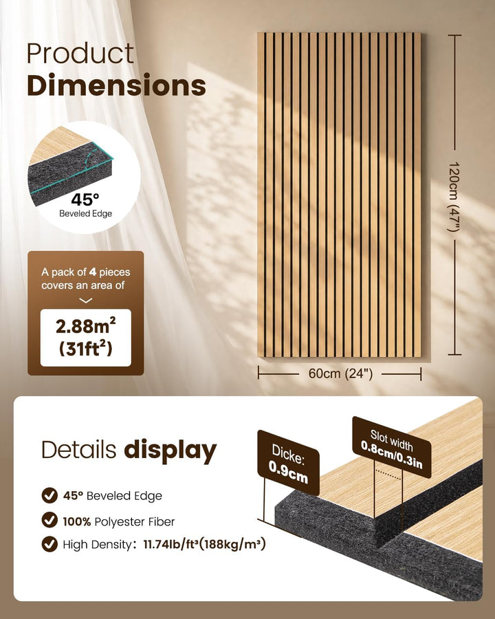 Soundsbay 4 Pack Akustikpaneele Selbstklebend, 120×60×0.9cm (2.88 m²) Akustikplatten Wandpaneele aus