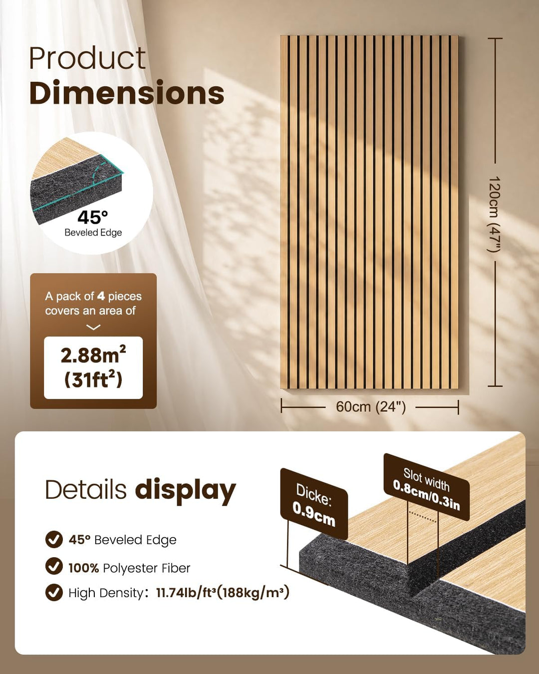 Soundsbay Akustikpaneele Selbstklebend 5.76 ㎡-8 Stück 120×60×0.9cm Oak | Akustikplatten Wandpaneele