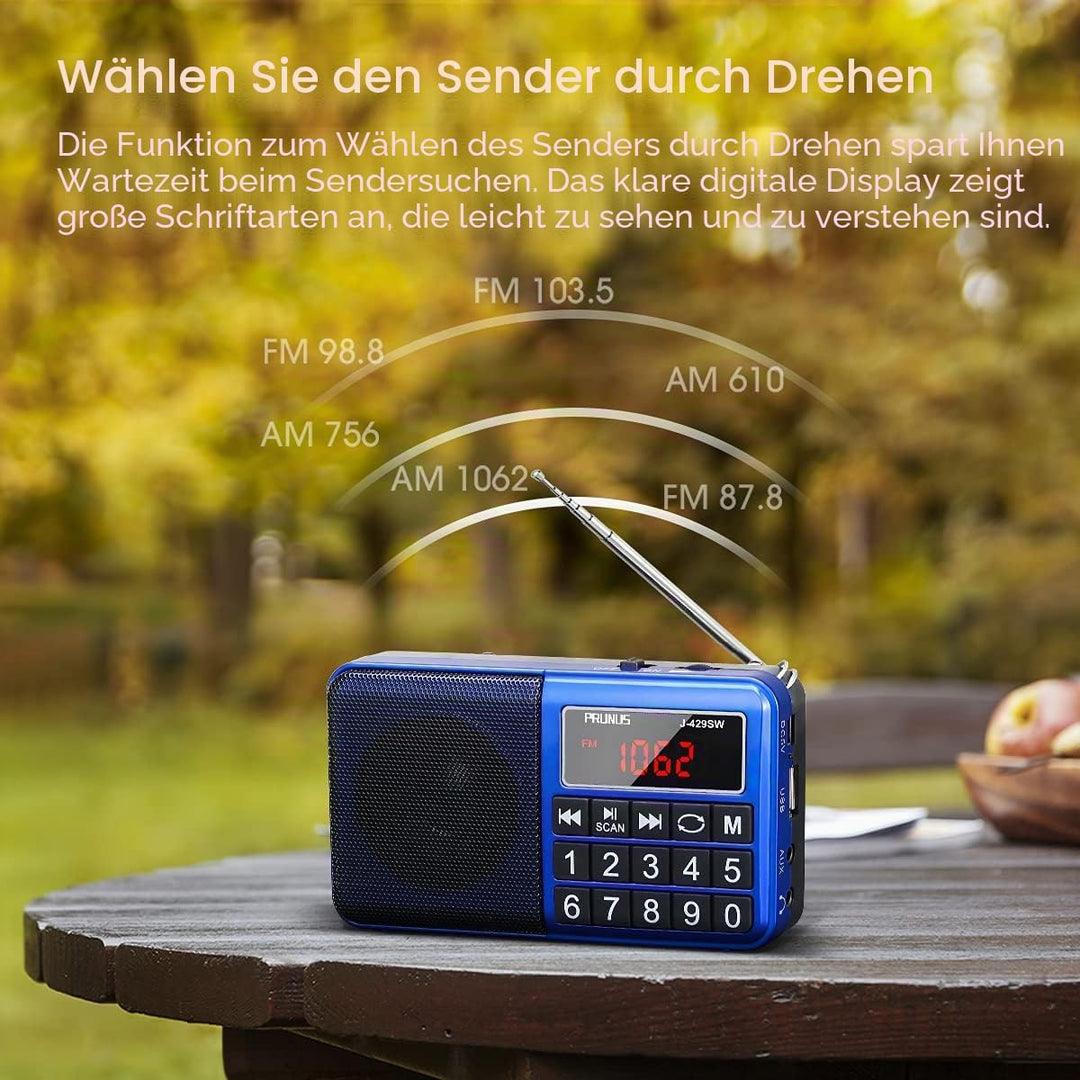 PRUNUS J-429SW Tragbares Radio klein FM/AM(MW)/SW,Grosse Gummierte Knöpfe&Display Digital Radio für
