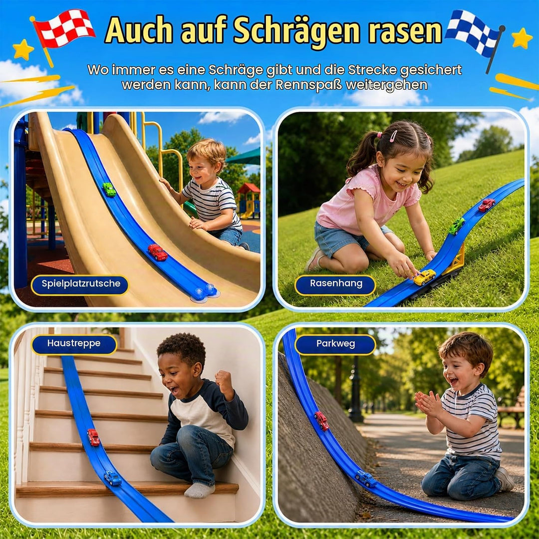 BunnyJOY Flexible Autorennbahn für Kinder mit 4 Rückziehautos, 2 Looping Rennbahn, Rampen Schwerkraf