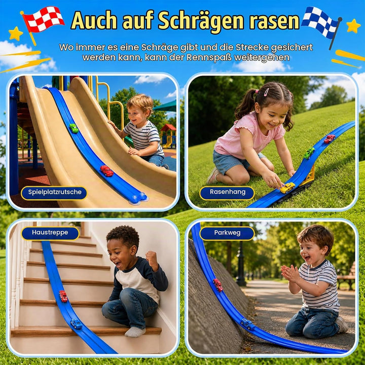 BunnyJOY Flexible Autorennbahn für Kinder mit 4 Rückziehautos, 2 Looping Rennbahn, Rampen Schwerkraf