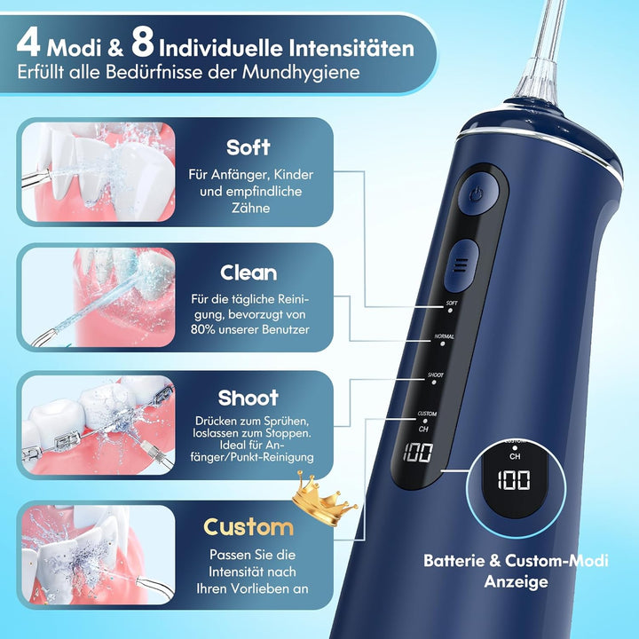 Munddusche Kabellos, Water Flosser for Teeth Mit 4 Modi & 8 Anpassbaren Stufen 7 Düsen 300ML Tank Mu