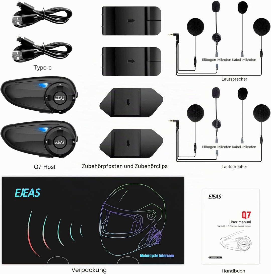 EJEAS Q7 Verbesserte Motorrad Gegensprechanlage, Bluetooth 5.1 Motorradhelm Intercom Kommunikationss