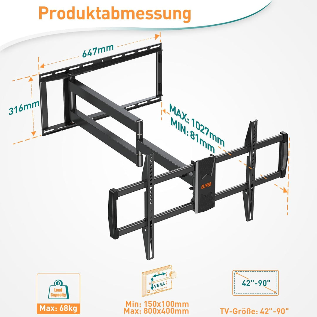 ELIVED TV Wandhalterung mit 1027mm Extra Langer Arm für die meisten 42-90 Zoll Fernseher bis 68KG, S