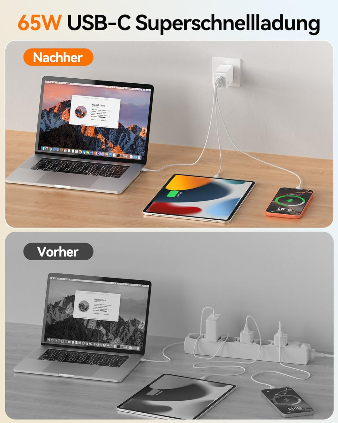 TECKNET 65W USB C Ladegerät, 3-Port PD3.0/QC4.0 Type C Netzteil mit GaN Tech Schnellladegerät Charge