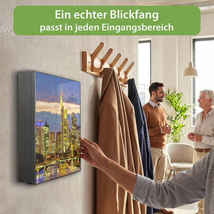 banjado® Grosser Schlüsselkasten Glas/Schlüsselbox 30cm x 30cm mit 50 Haken - Motiv Frankfurt Main/S