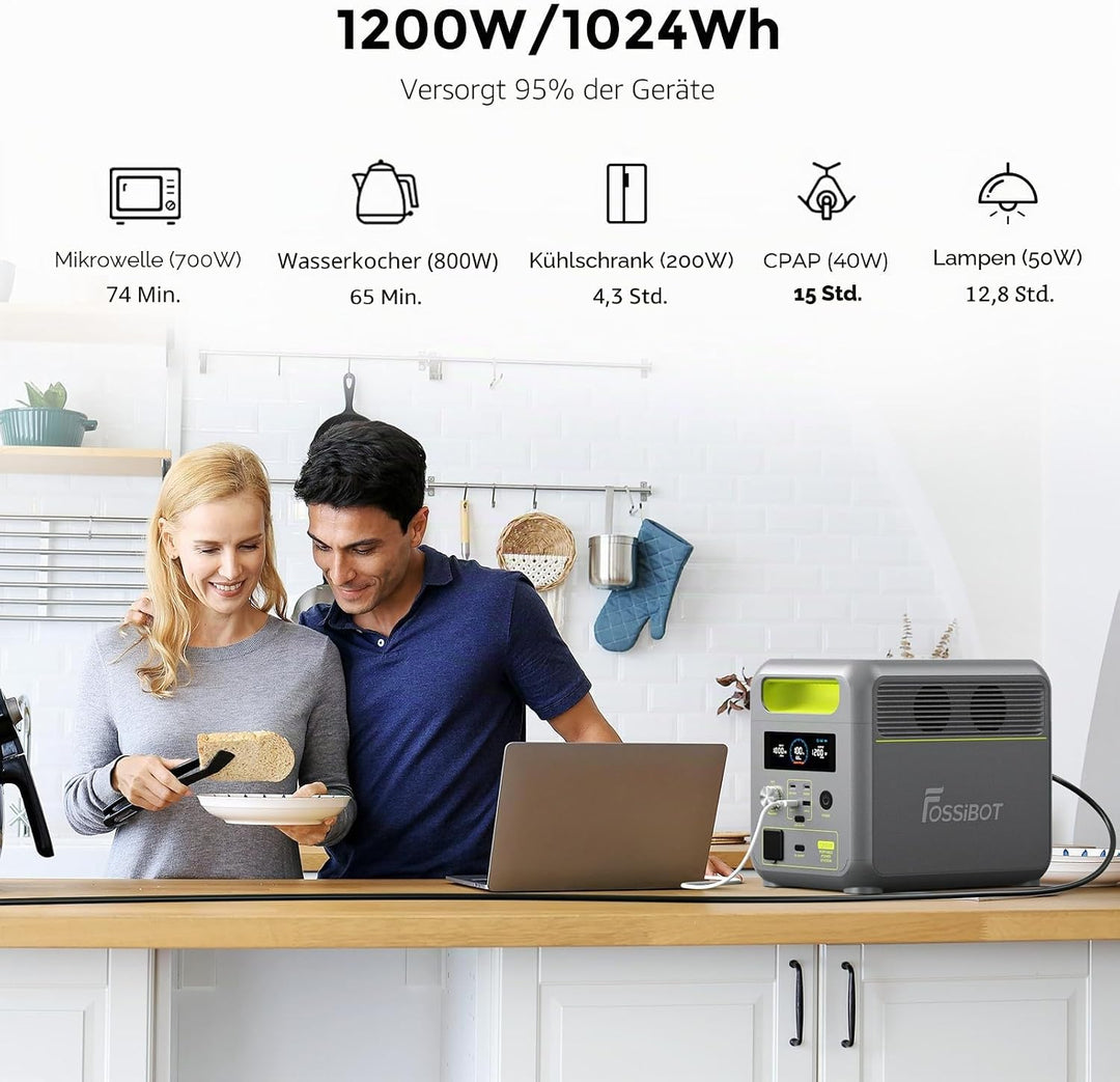 FOSSiBOT Tragbare Powerstation F1200, 1024Wh LiFePO4 Solargenerator mit 2 1200W AC Ausgänge, 100W Ty
