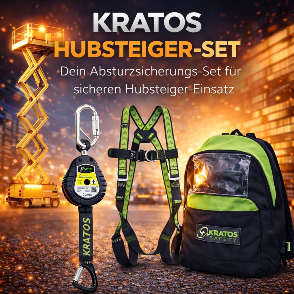Kratos Safety Hubsteiger Sicherheitsset, Fallschutz-Set mit Gurt EN361, Höhensicherungsgerät, Rucksa