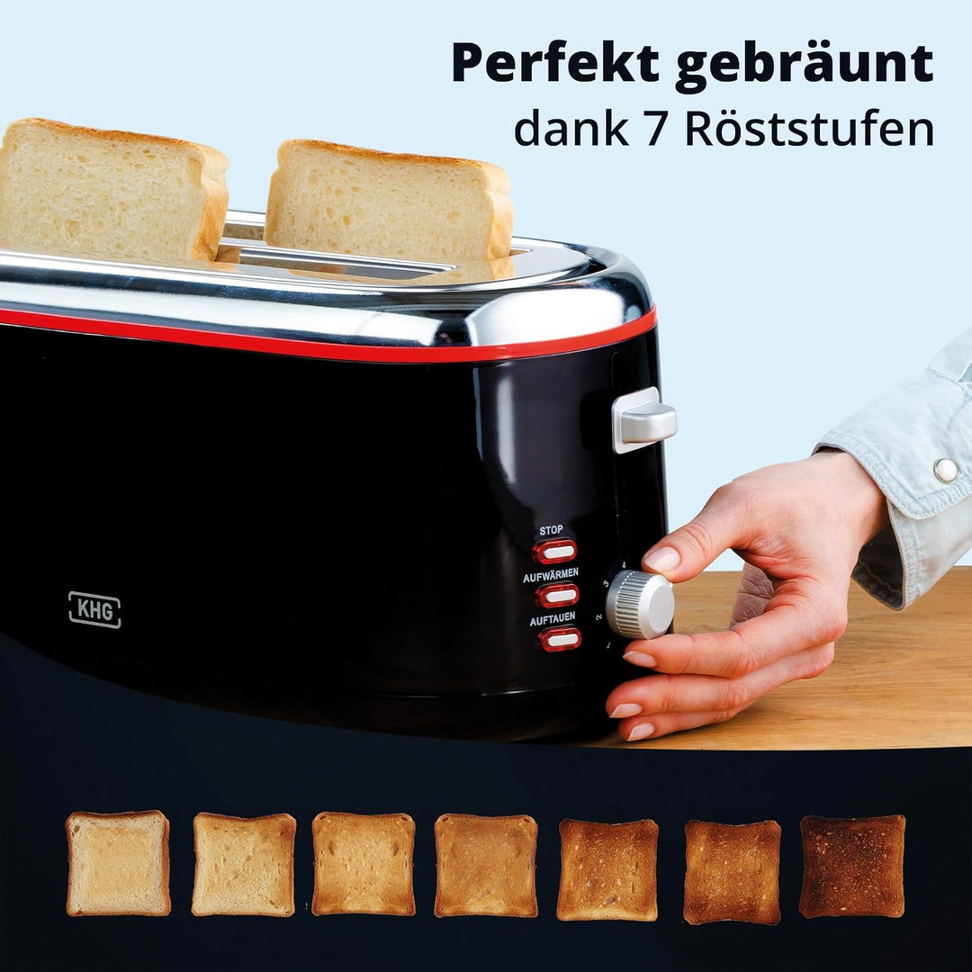 KHG TO-1301LSS Toaster Langschlitz, schwarz, 4 Scheiben, Kunststoff, mit Brötchenaufsatz, 7 Röstgrad