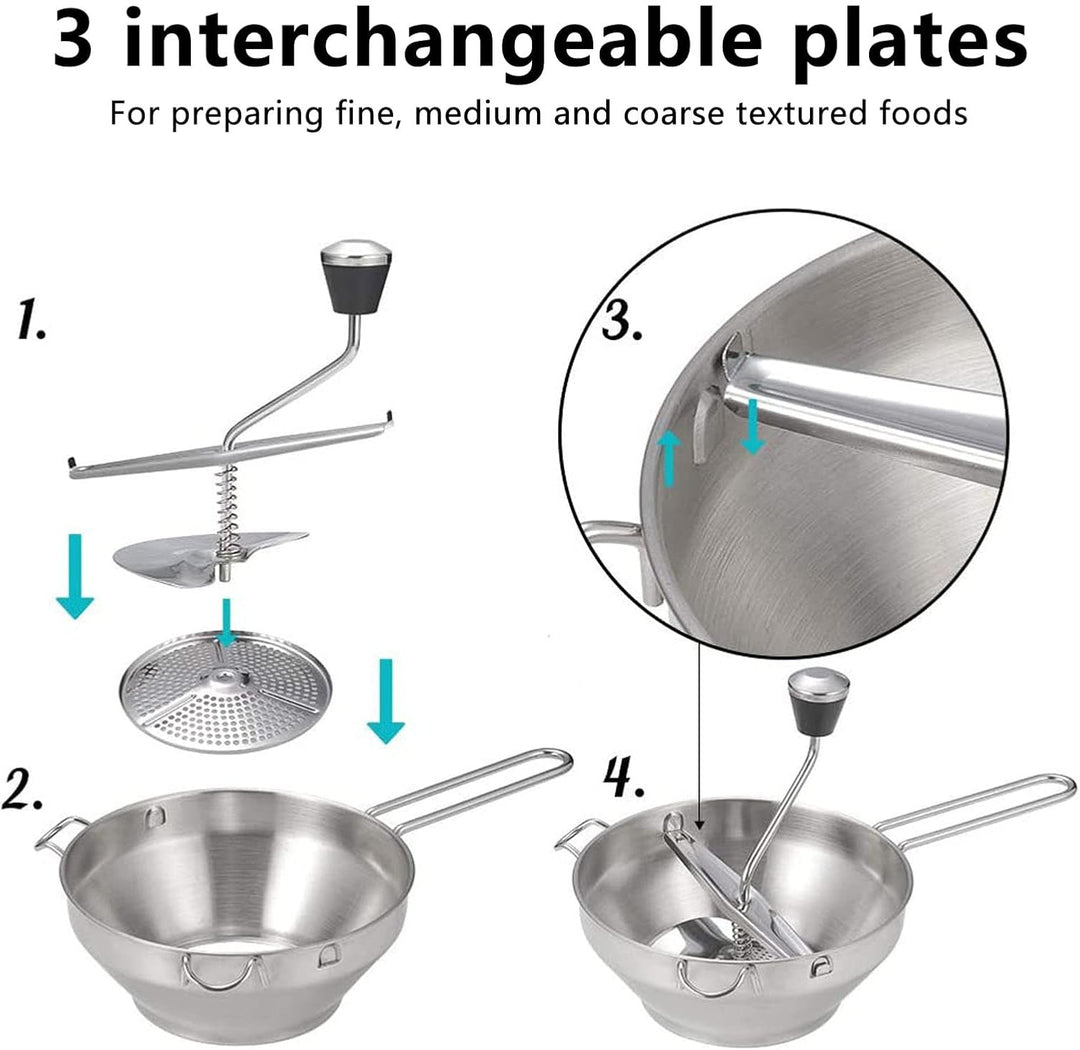 Passiergerät aus Edelstahl ergonomisch Anti-Rutsch Drehbar mit 3 Grinding Plates Passiermühle Edelst