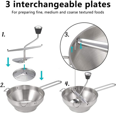 Edelstahl Passiergerät, Manuelle Passiermühle mit 3 Siebeinlagen Rotationsmühle Lebensmittelmühle Ma