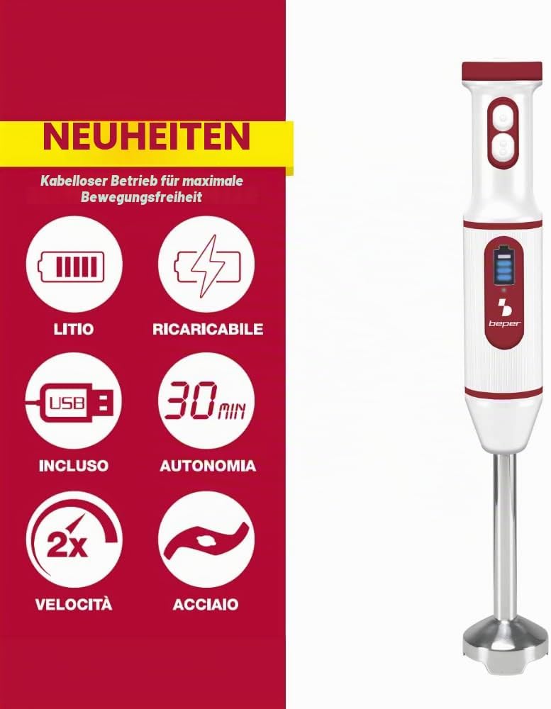 BEPER P102FRU300 Eintauchmixer USB-Akku, Kabelloser Stabmixer, Minipimer Blender, Multifunktion, Rot
