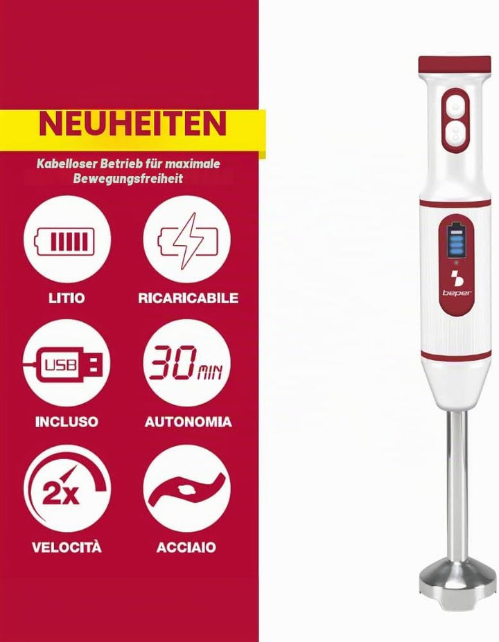 BEPER P102FRU300 Eintauchmixer USB-Akku, Kabelloser Stabmixer, Minipimer Blender, Multifunktion, Rot