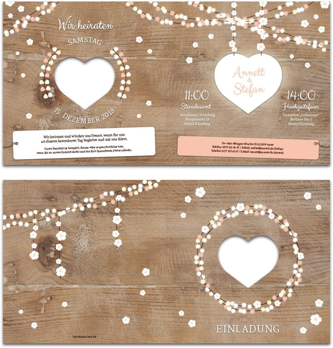 10 x Lasergeschnittene Hochzeit Einladungskarten Hochzeitseinladungen - Holz Lichtgirlande, 10
