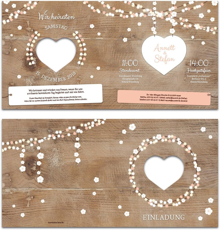 10 x Lasergeschnittene Hochzeit Einladungskarten Hochzeitseinladungen - Holz Lichtgirlande, 10
