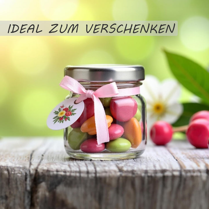 gouveo 48er Set Einmachgläser 40 ml Mini mit Schraub-Deckel silberfarben - Mini Vorratsgläser mit Dr