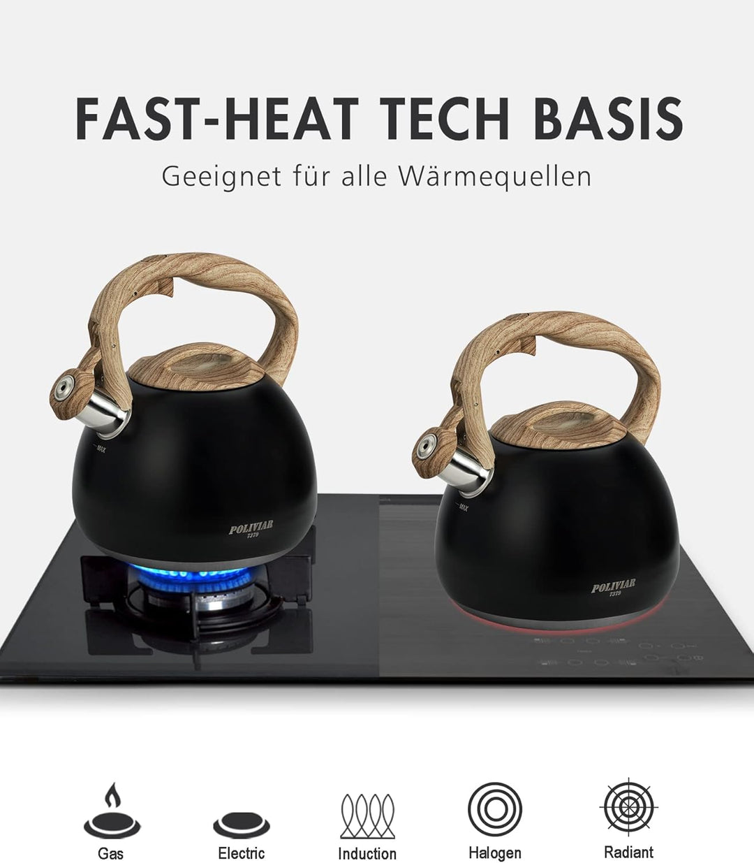 Poliviar Moderne Wasserkessel Induktion Pfeifkessel aus Edelstahl, Teekessel für alle Kochplatten, F