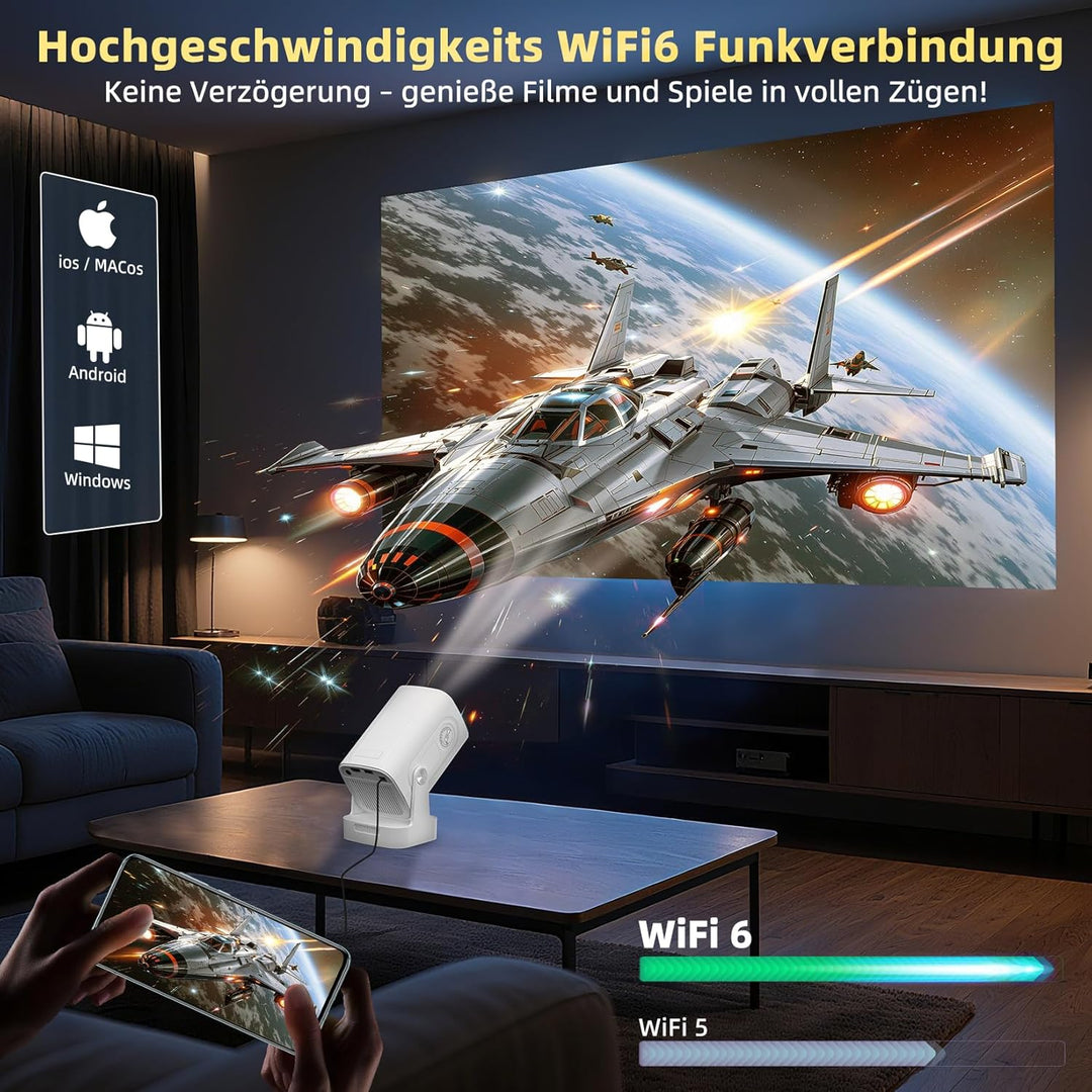 Beamer Full HD 1080P Mini Beamer 4K, Auto Trapezkorrektur, Mini Projector 180°Dreh Videoprojektor Un