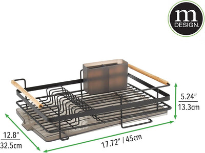 mDesign Abtropfgestell aus Metall mit Holzgriffen – Geschirrabtropfgitter mit Besteckfach und Auffan