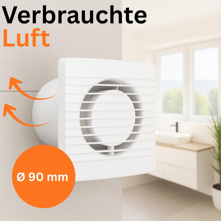 MKK Badlüfter 90mm Wandmontage Leise Lüfter Wohnraumlüfter Weiss (Kabel + Schalter), Kabel + Schalte